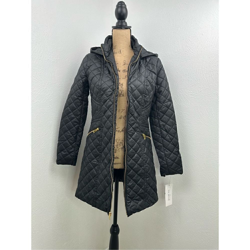 Via Spiga Women’s Black Quilted Hooded Coat Size XS